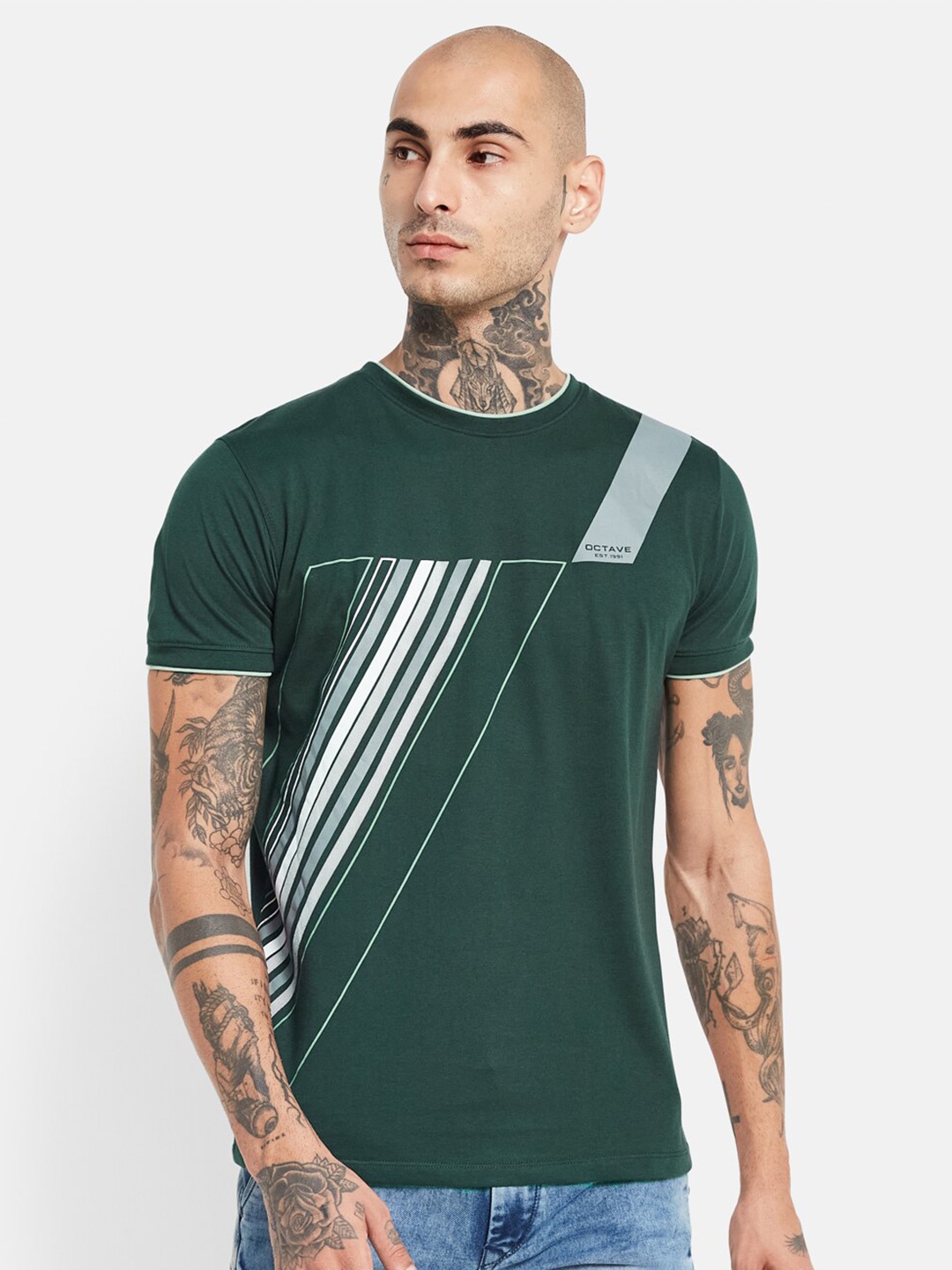 

Octave Striped Regular Fit Cotton T-shirt, Green
