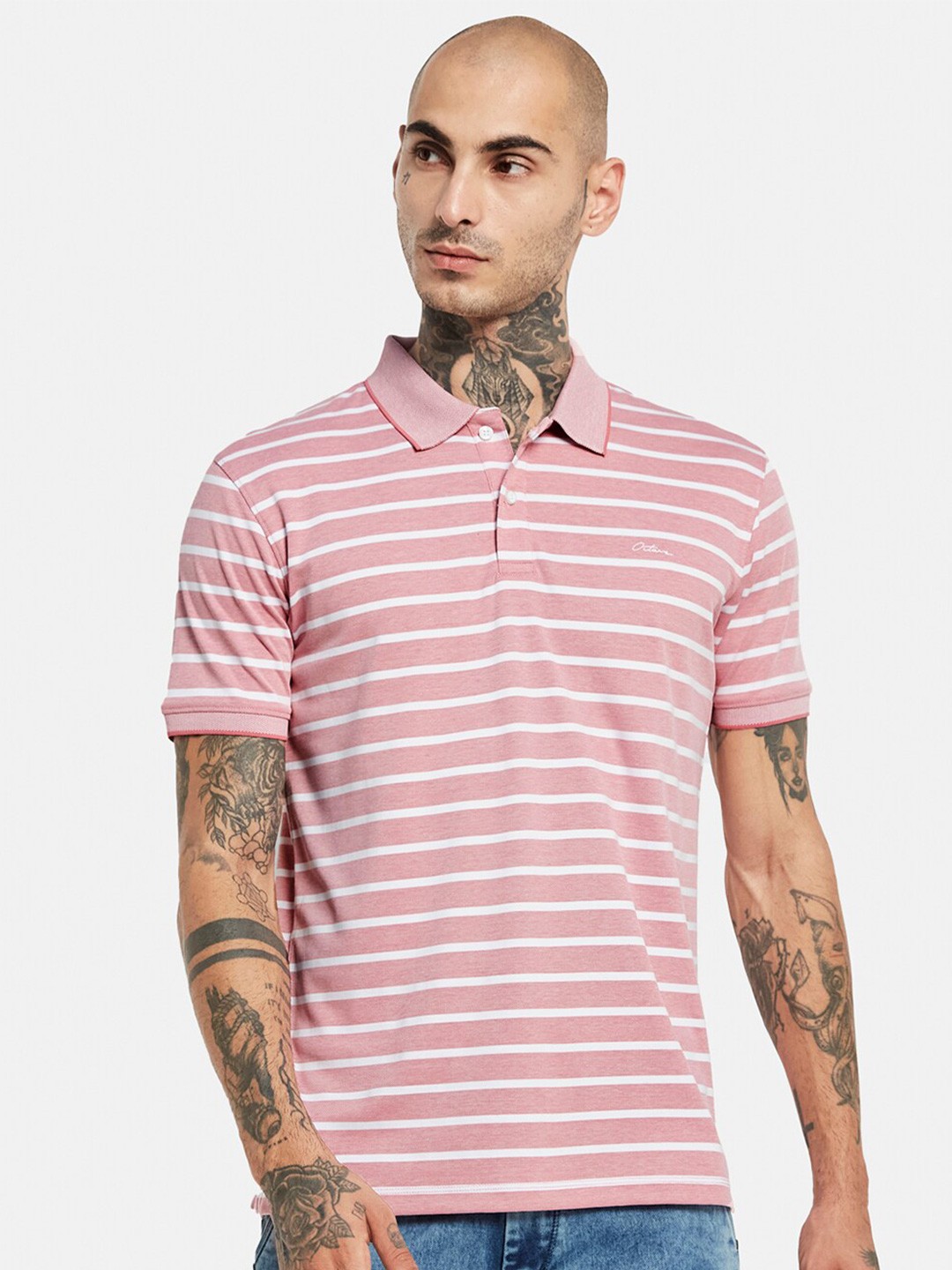 

Octave Striped Polo Collar Cotton T-shirt, Pink