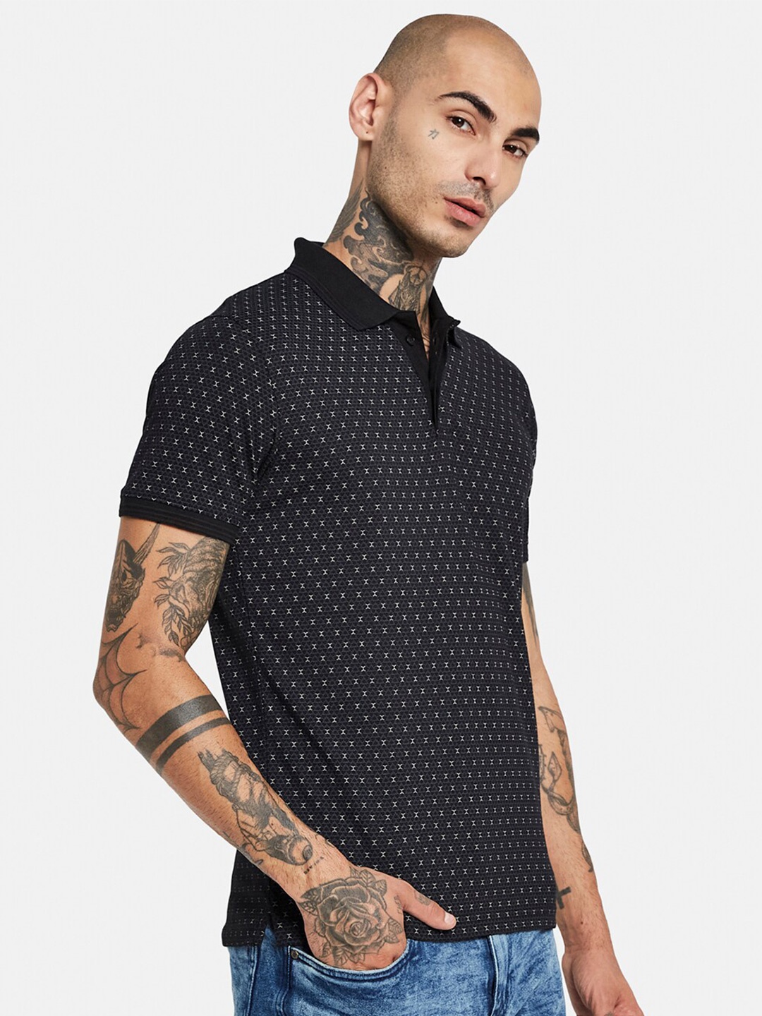 

Octave Geometric Printed Polo Collar Cotton T-shirt, Black