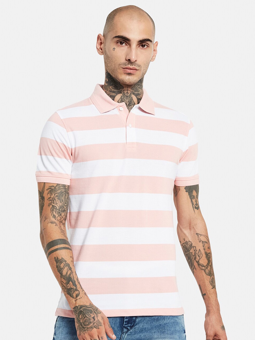 

Octave Striped Polo Collar Cotton T-shirt, Pink