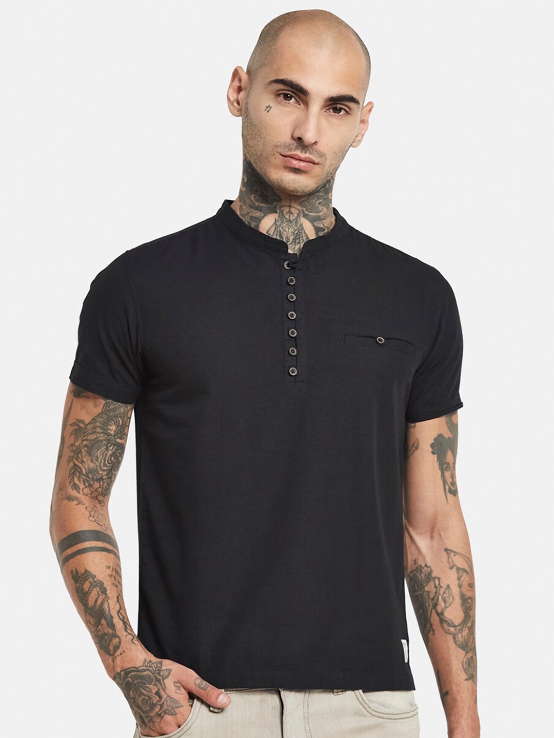 

Octave Mandarin Collar Short Sleeves Cotton T-shirt, Black