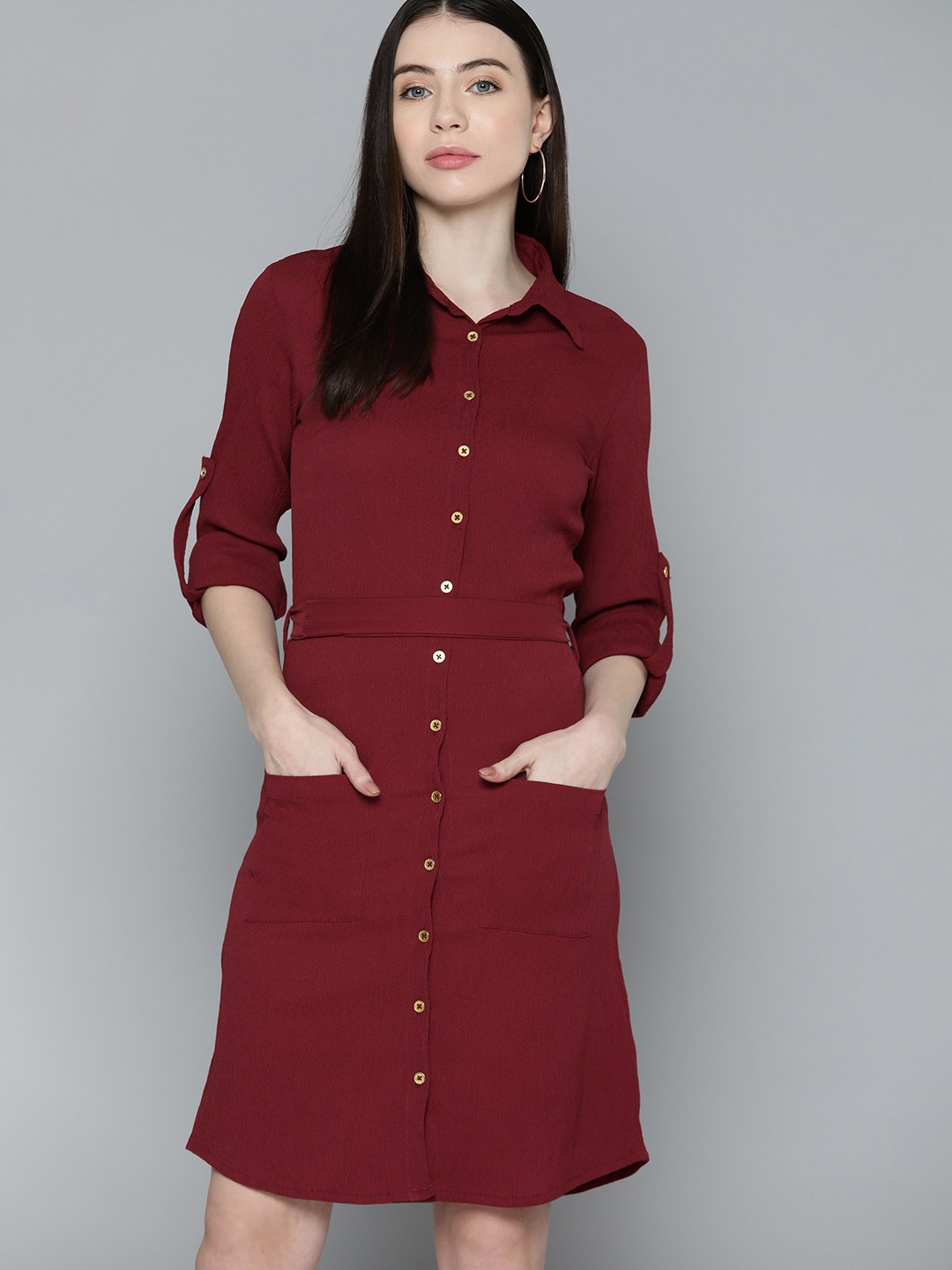 

Chemistry Solid Belted Crepe Shirt Dress, Maroon
