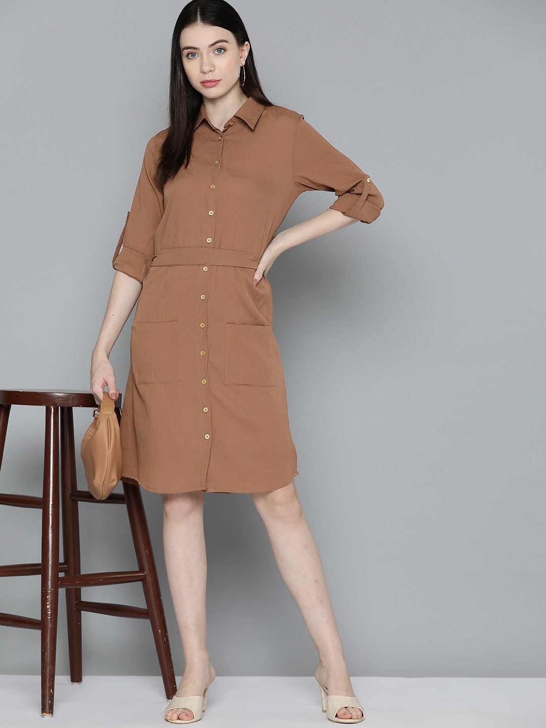 

Chemistry Solid Belted Crepe Shirt Dress, Nude