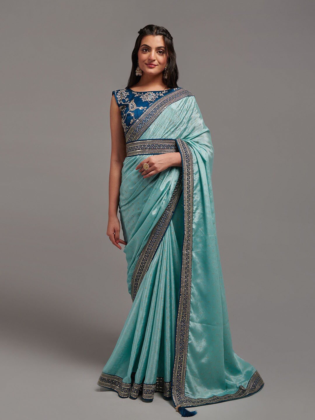 

Mitera Blue & Gold-Toned Woven Design Sequinned Belted Saree