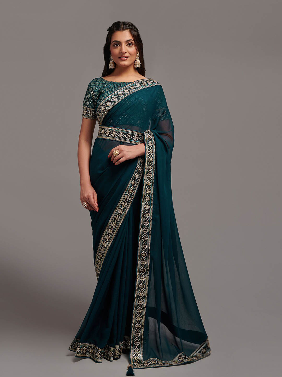 

Mitera Blue & Gold-Toned Sequinned Belted Saree