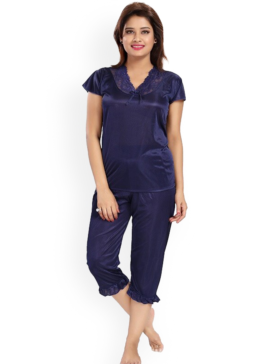 

Noty V-Neck Satin Night suit, Navy blue