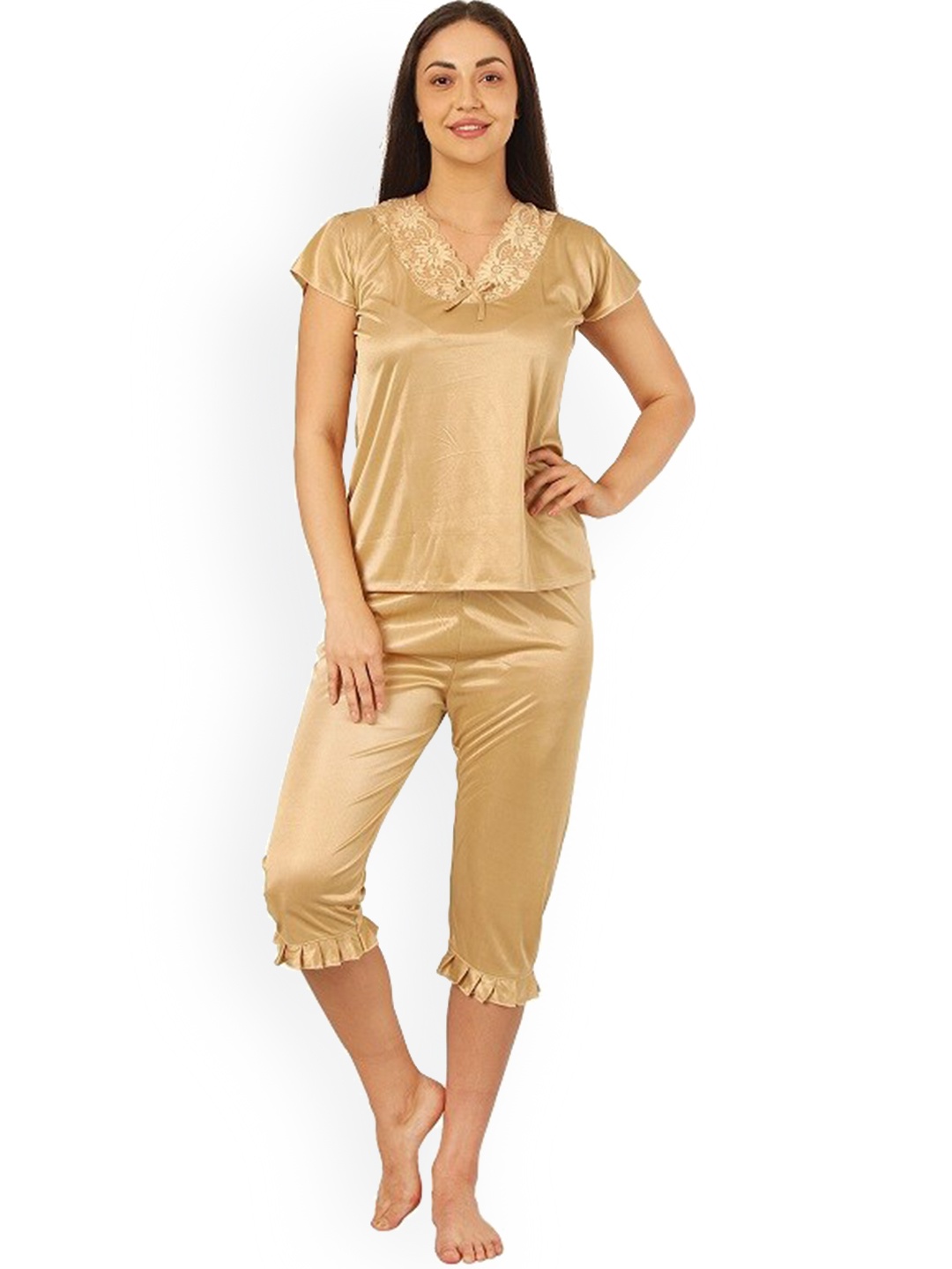 

Noty V-Neck Satin Night suit, Gold