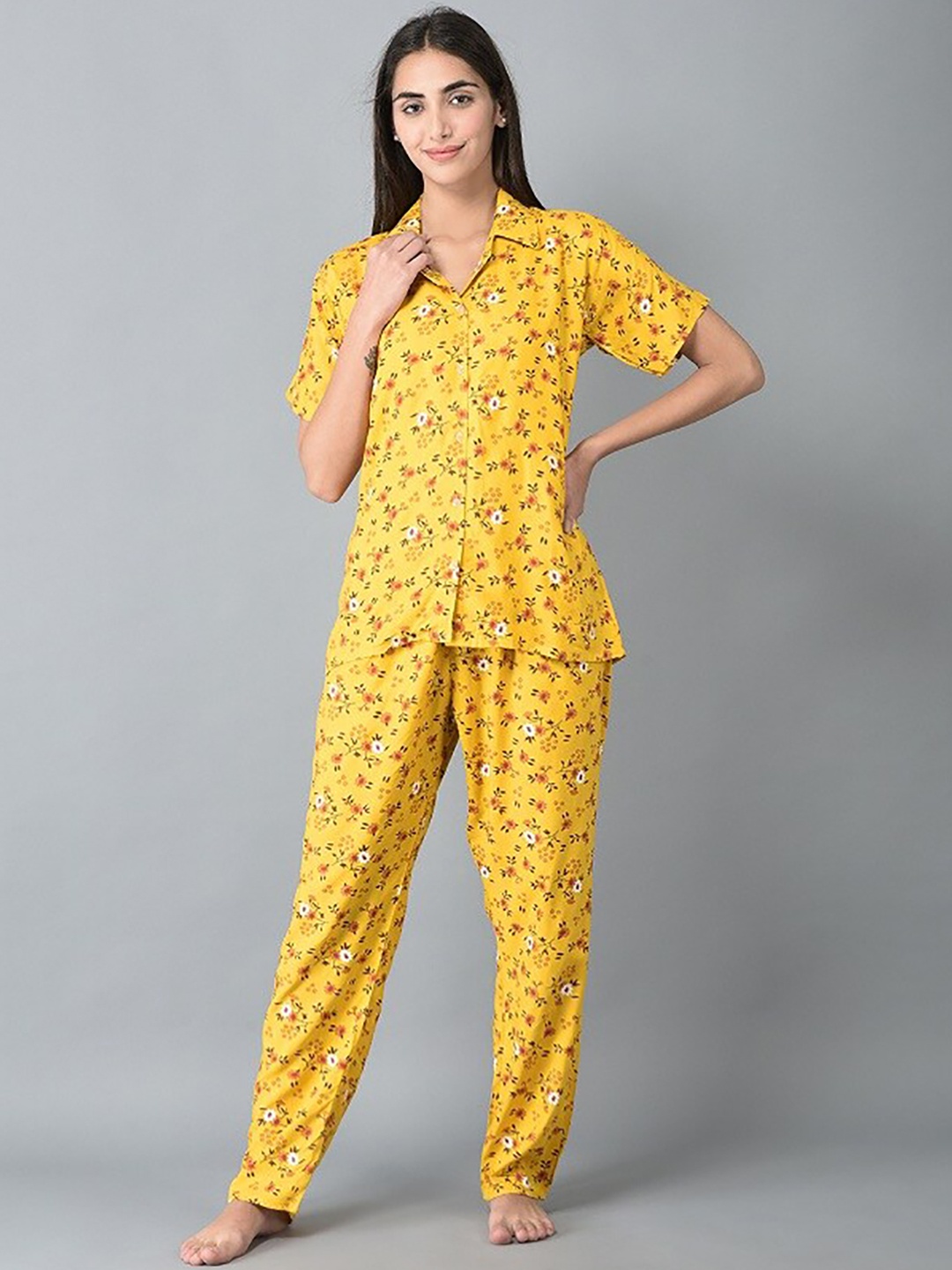 

Noty Floral Printed Shirt Collar Night suit, Yellow