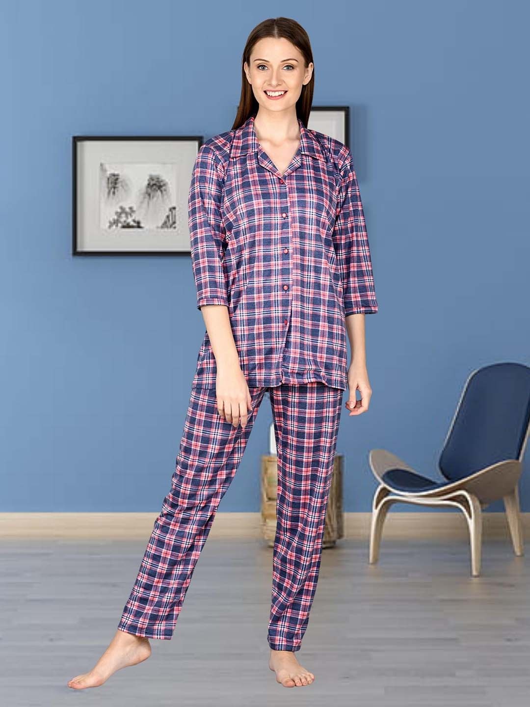 

Noty Checked Night suit, Peach