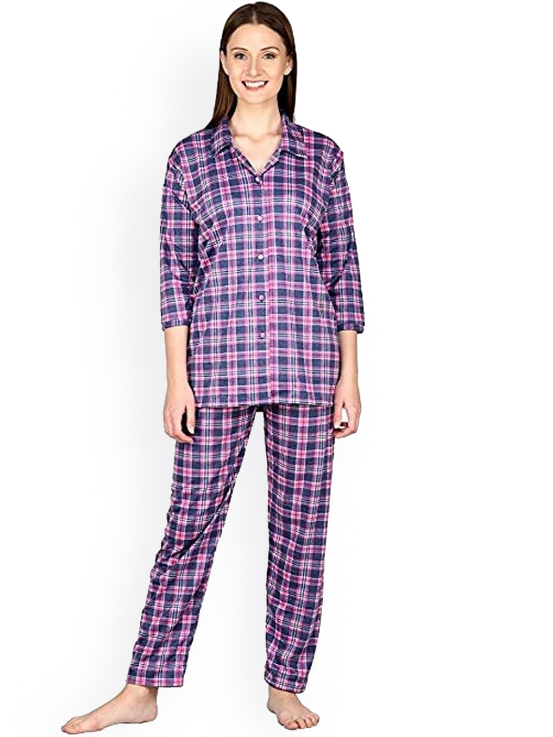 

Noty Checked Shirt Collar Night suit, Pink