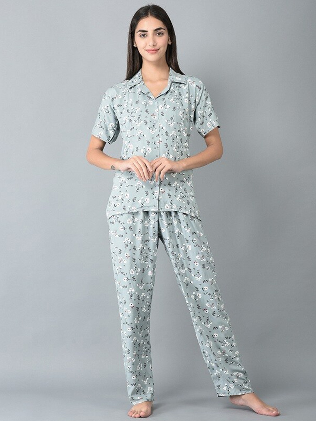 

Noty Floral Printed Night suit, Grey