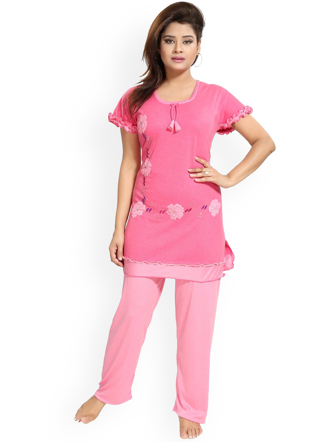 

Noty Embroidered Round Neck Night suit, Pink
