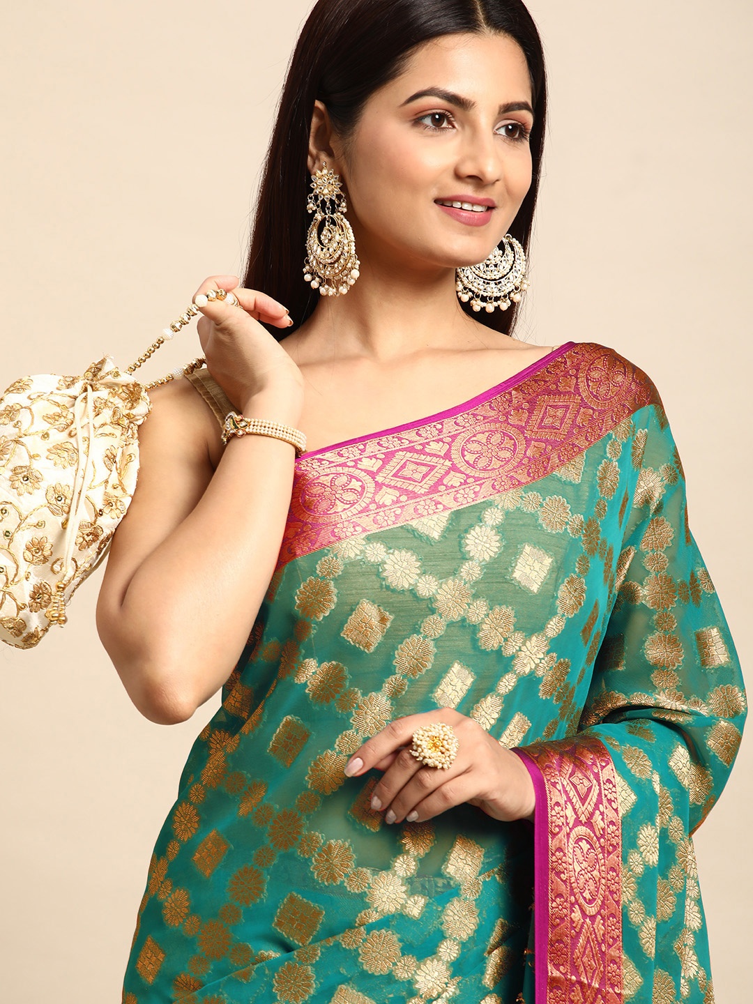 

Rani Saahiba Woven Design Ethnic Motifs Zari Banarasi Saree, Turquoise blue