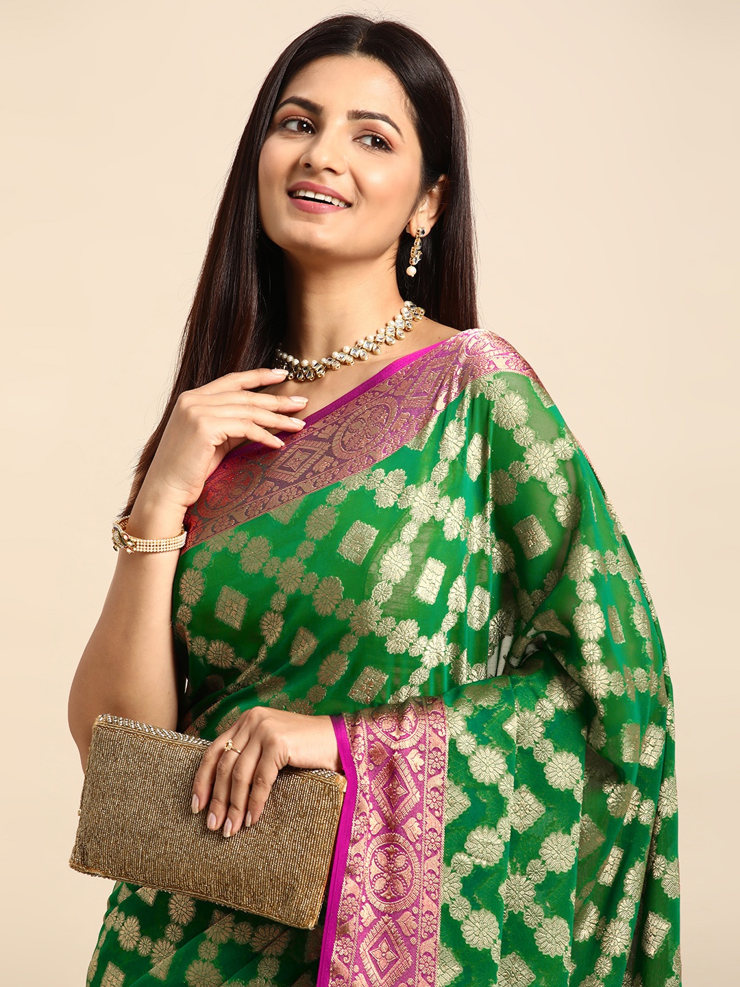 

Rani Saahiba Woven Design Ethnic Motifs Zari Banarasi Saree, Green