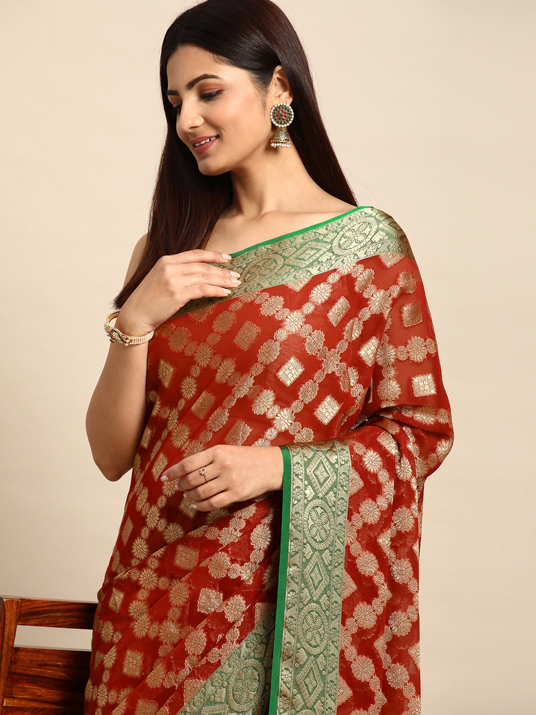 

Rani Saahiba Woven Design Ethnic Motifs Zari Banarasi Saree, Red