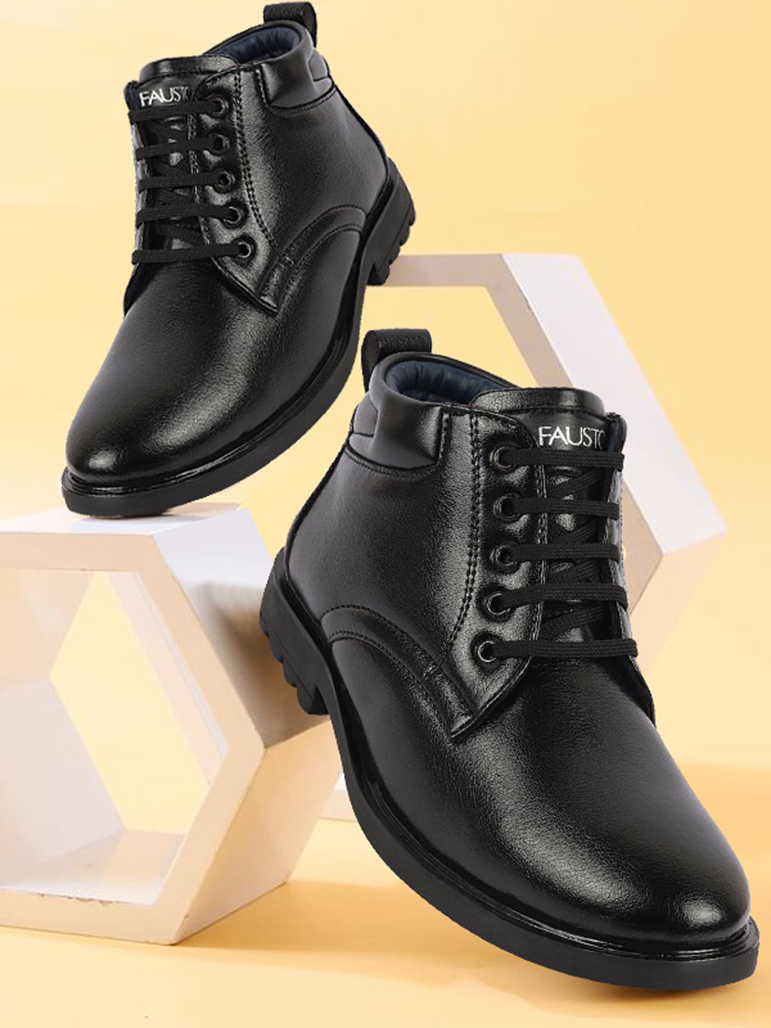 

FAUSTO Men Textured Mid-Top Biker Boots, Black