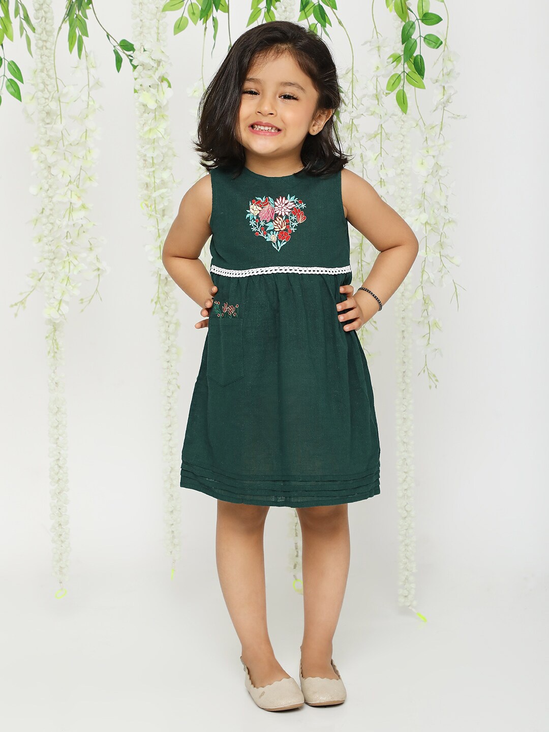 

KID1 Girls Floral Embroidered Cotton A-Line Dress, Green