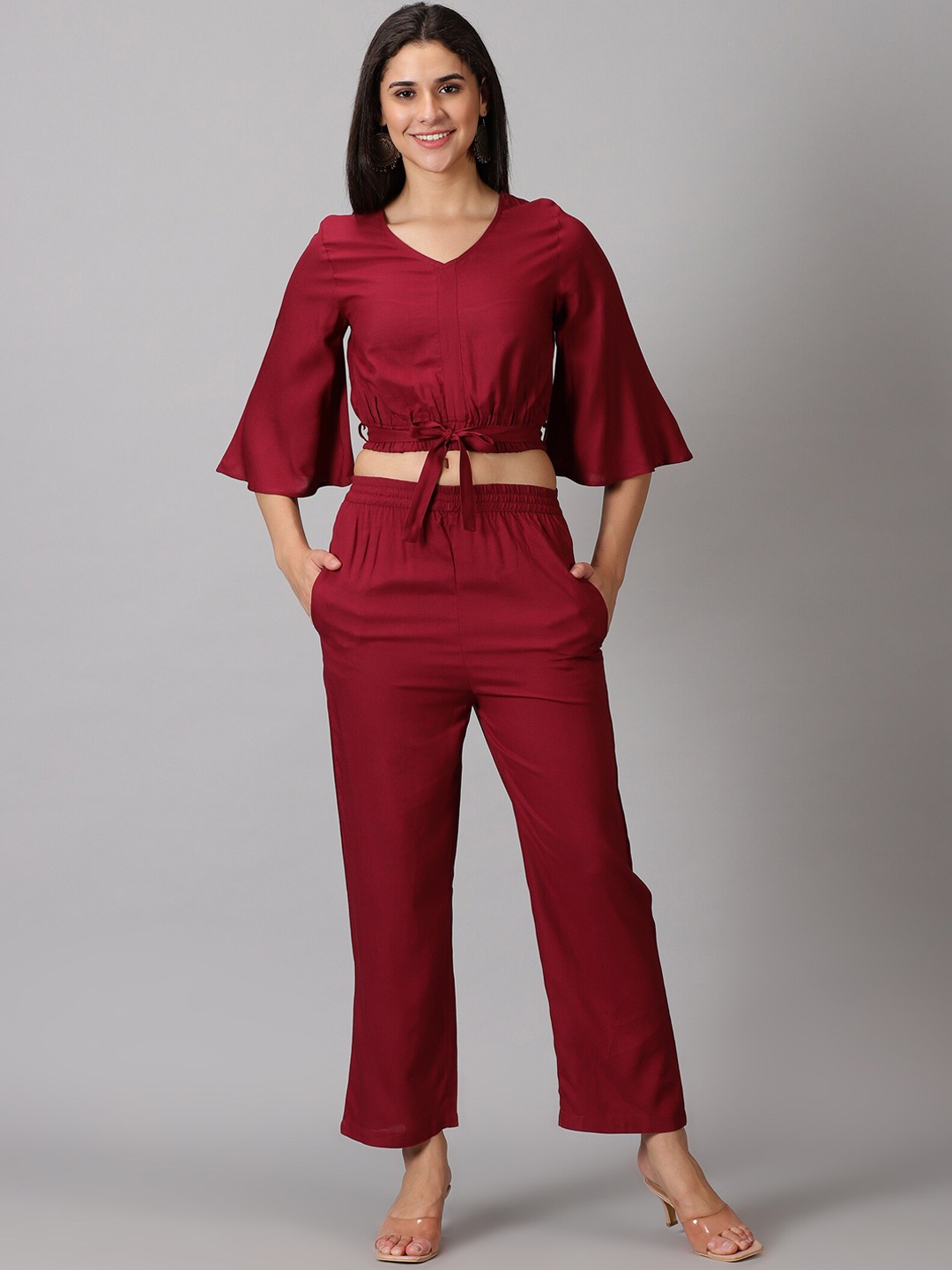 

PURSHOTTAM WALA V-Neck Flared Sleeve Blouson Top With Trousers, Maroon