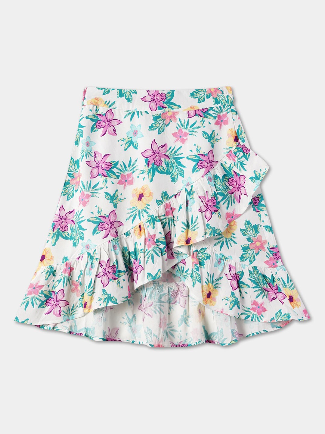 

R&B Girls Floral Printed Ruffled Mini Flared Skirt, White