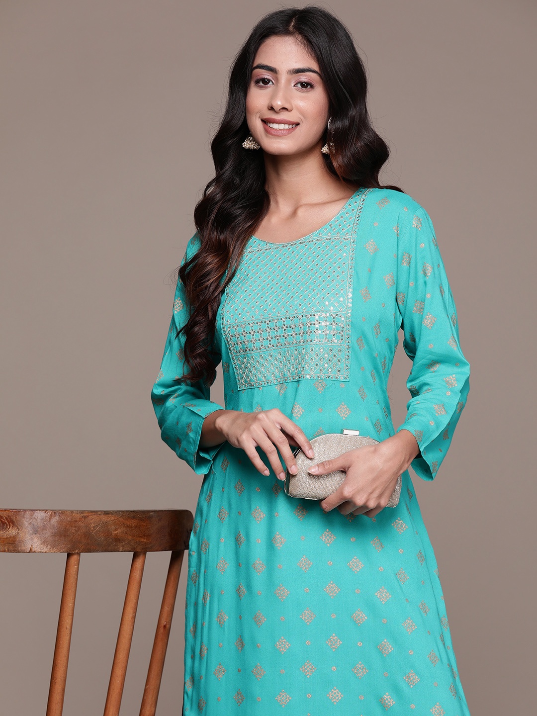 

Anubhutee Ethnic Motifs Printed Sequinned Kurta, Turquoise blue