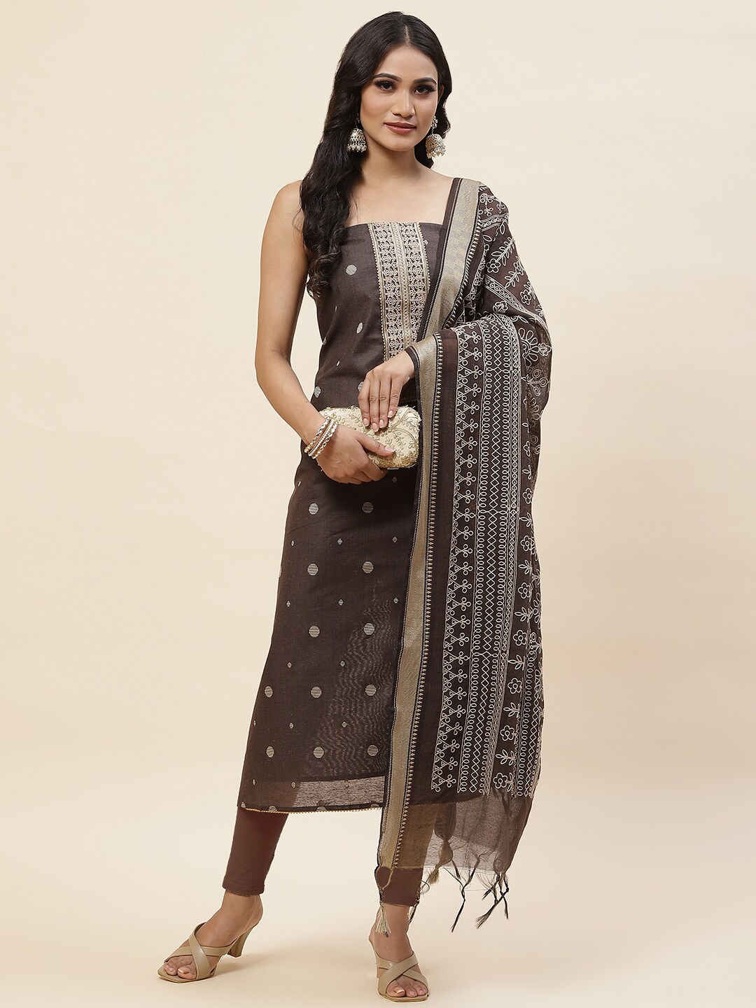 

Meena Bazaar Woven Design Gotta Patti Detail Unstitched Dress Material, Brown
