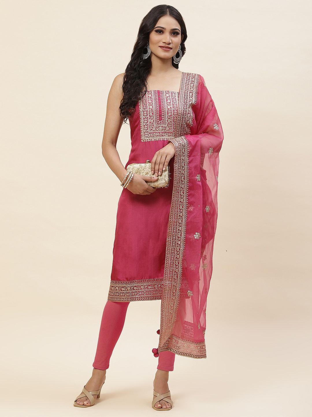 

Meena Bazaar Sequinned Embellished Art Silk Unstitched Dress Material, Pink