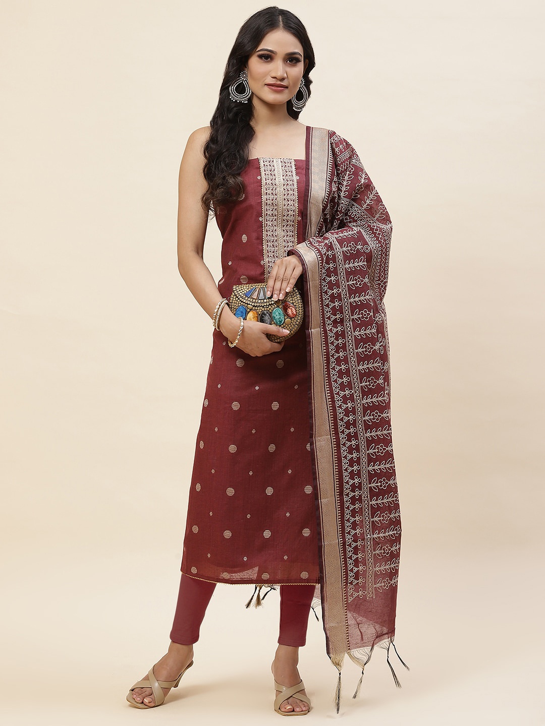 

Meena Bazaar Geometric Printed Embroidered Unstitched Dress Material, Maroon