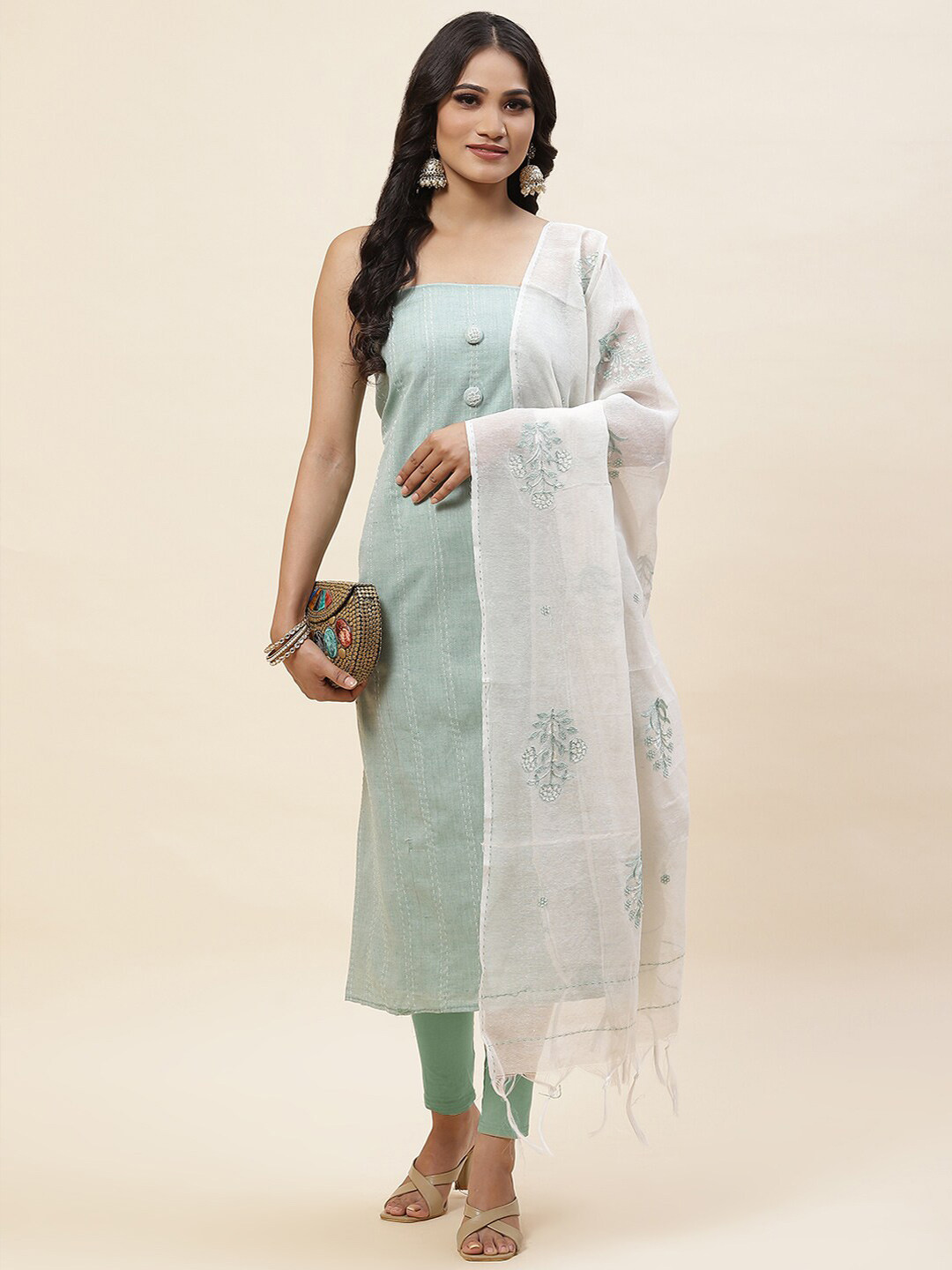 

Meena Bazaar Striped Embroidered Unstitched Dress Material, Green