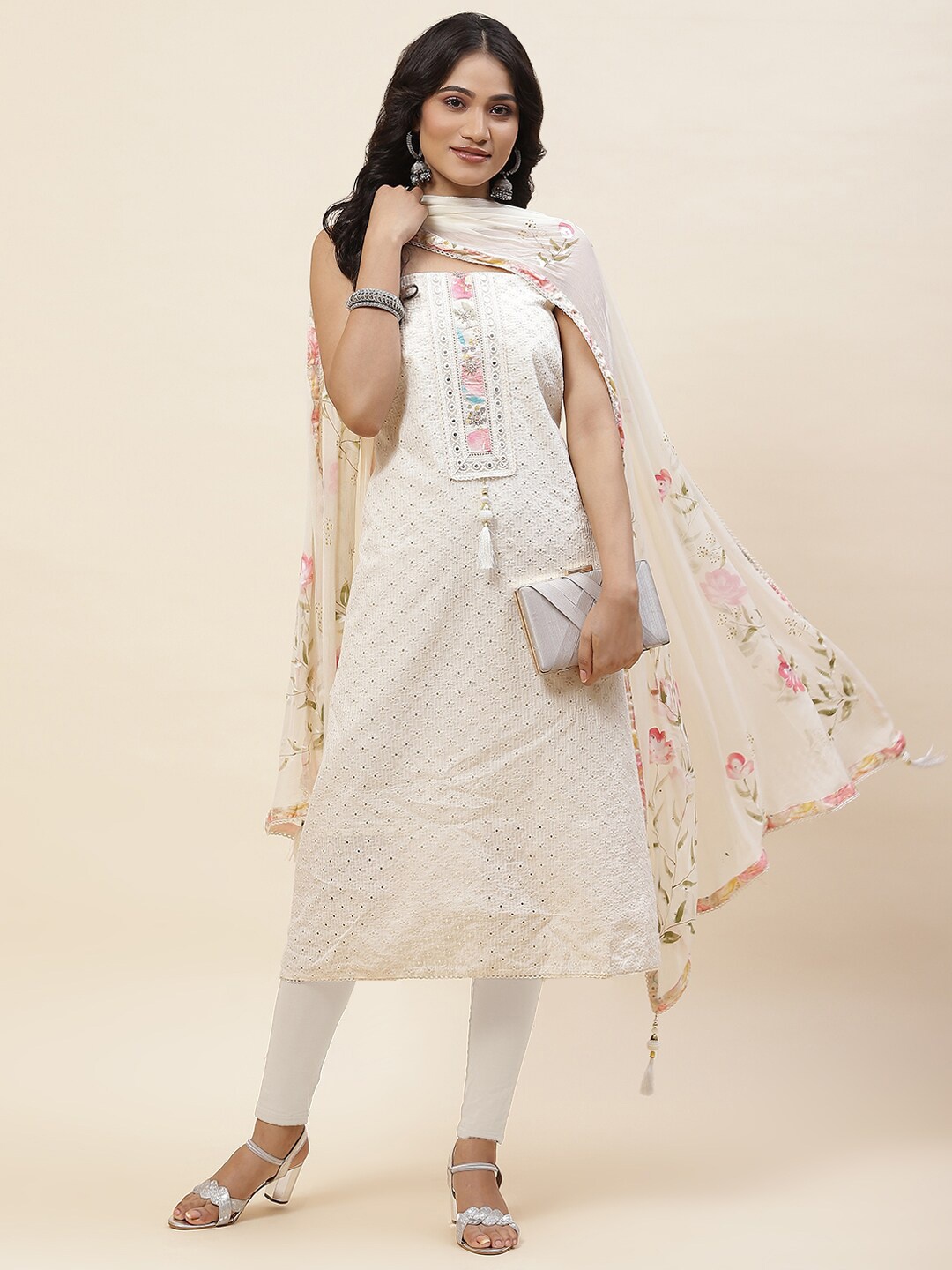 

Meena Bazaar Woven Design Mirror Work Unstitched Dress Material, Cream