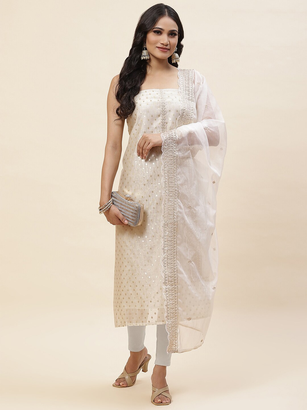 

Meena Bazaar Art Silk Unstitched Dress Material, Cream