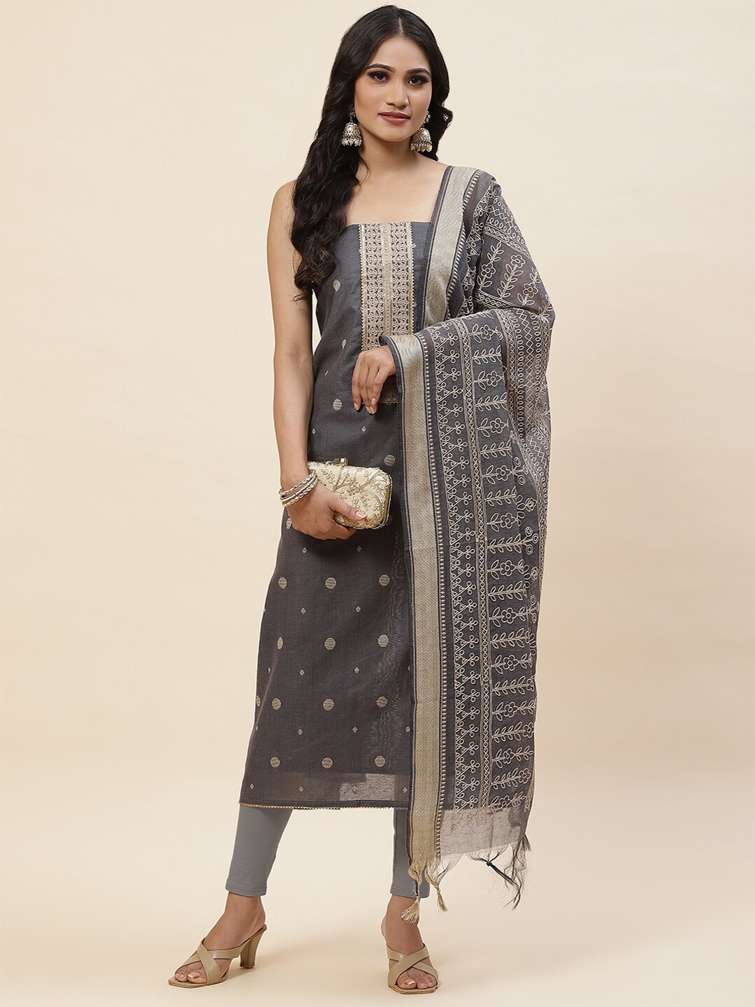 

Meena Bazaar Woven Design Gotta Patti Detail Unstitched Dress Material, Grey