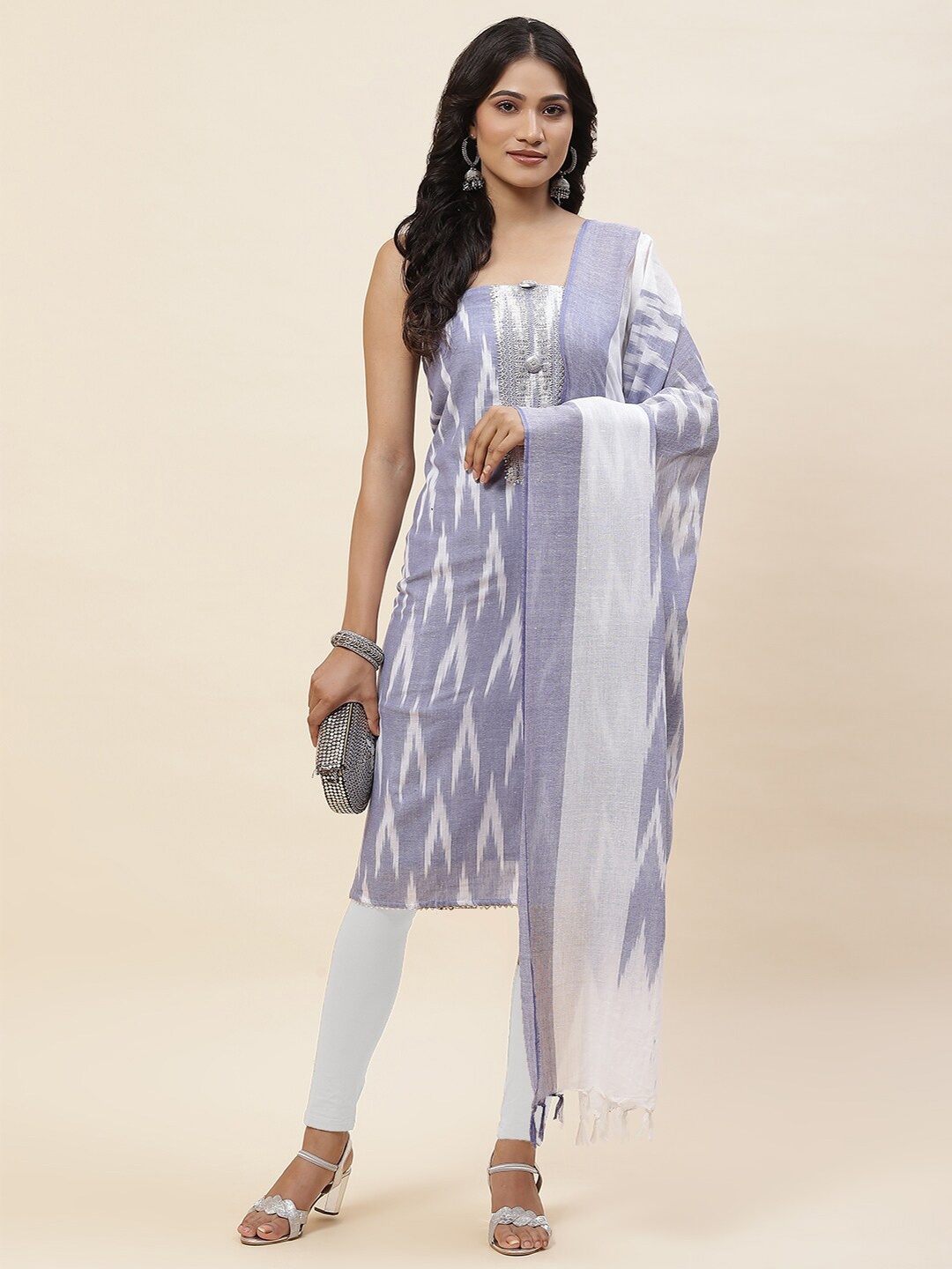 

Meena Bazaar ikat Sequinned Unstitched Dress Material, Blue