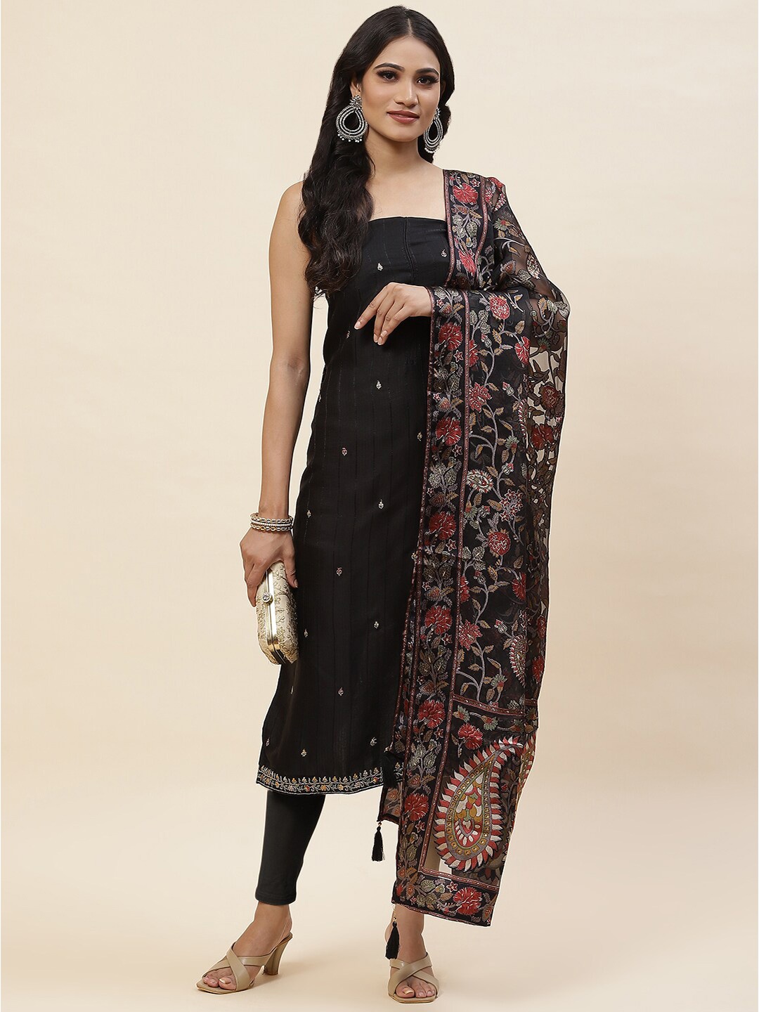 

Meena Bazaar Woven Design Satin Unstitched Dress Material, Black