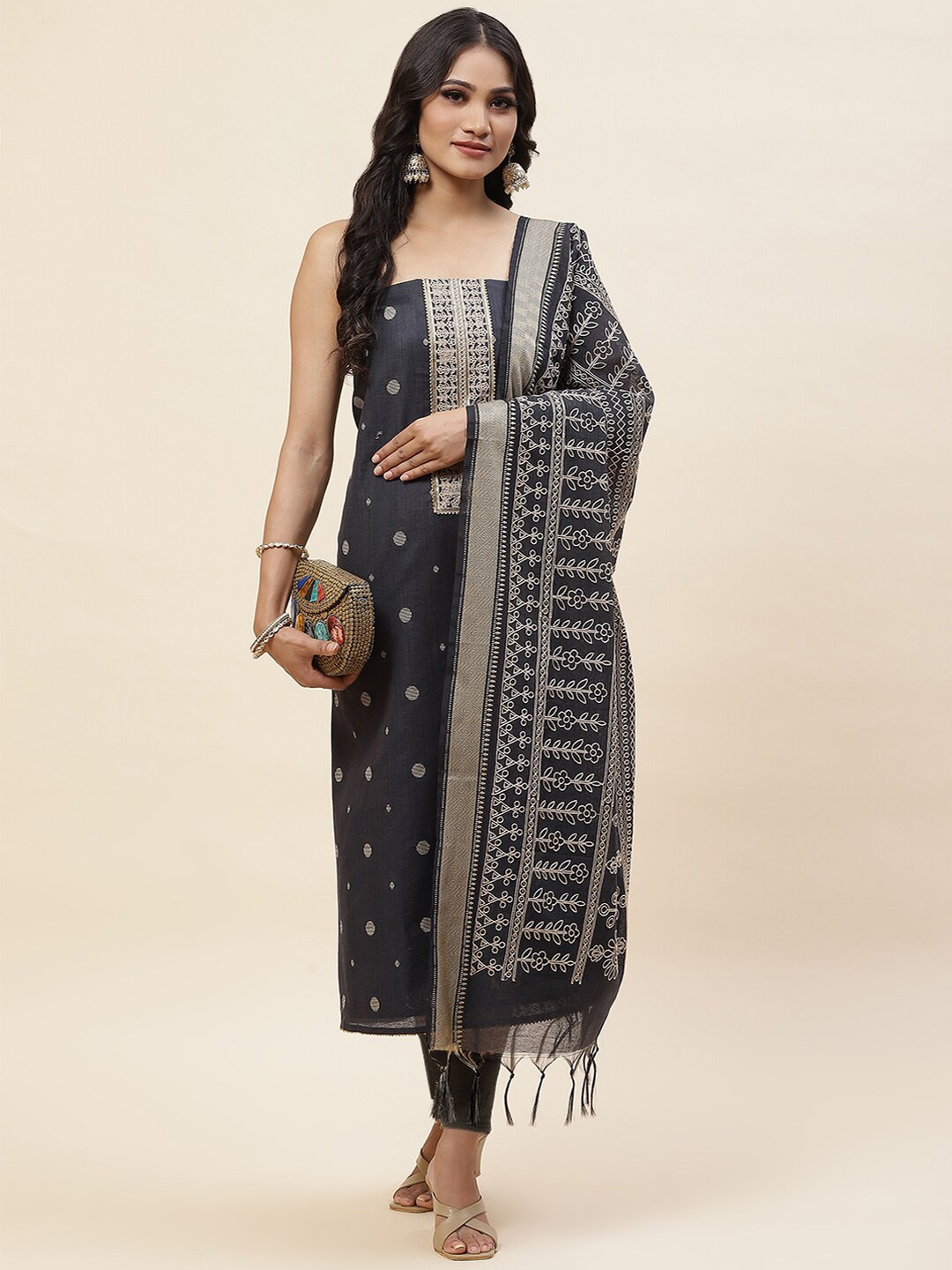 

Meena Bazaar Woven Design Gotta Patti Detail Unstitched Dress Material, Grey