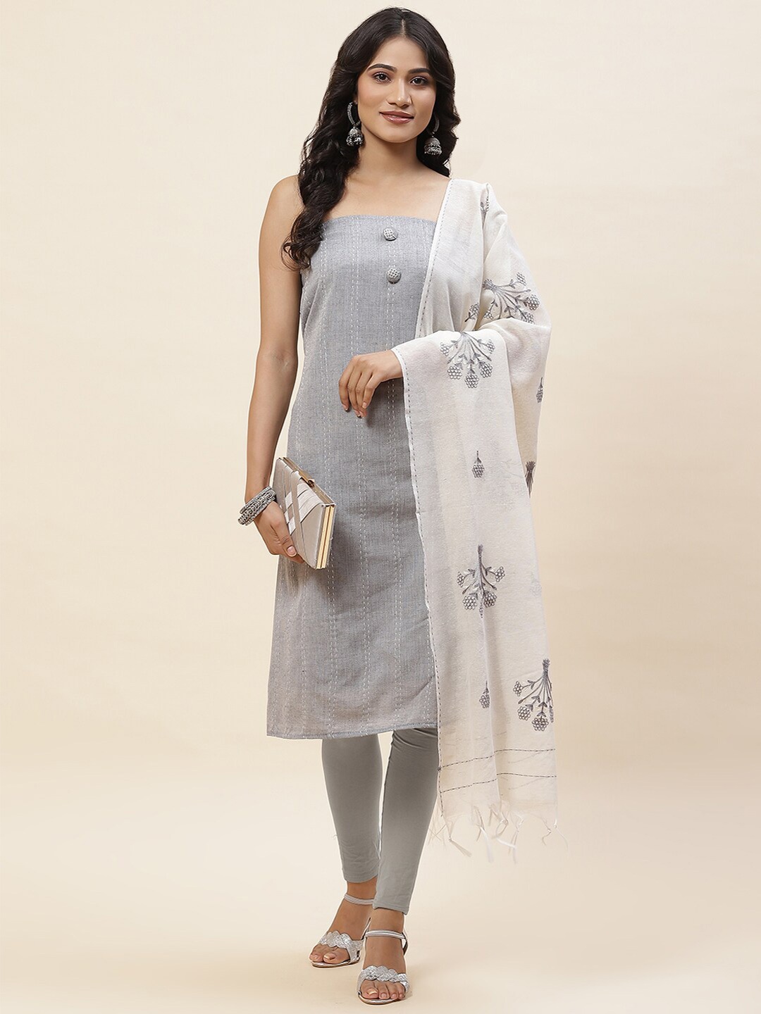 

Meena Bazaar Striped Embroidered Unstitched Dress Material, Grey