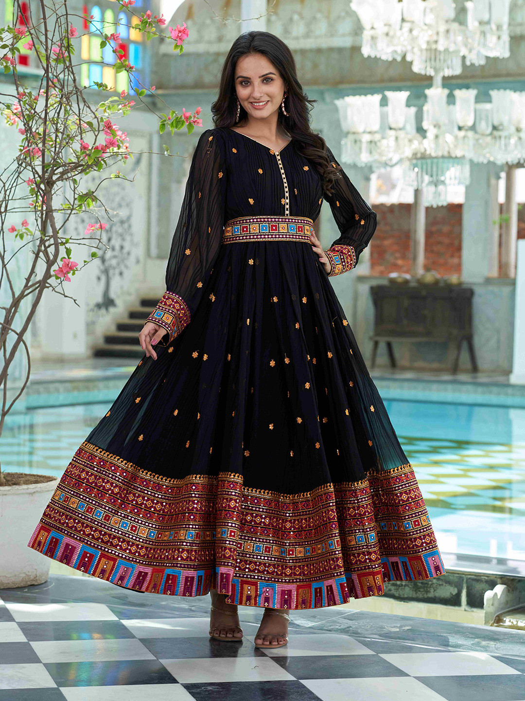 

Vidraa Western Store Ethnic Motifs Printed V-Neck Fit & Flare Ethnic Dress, Black