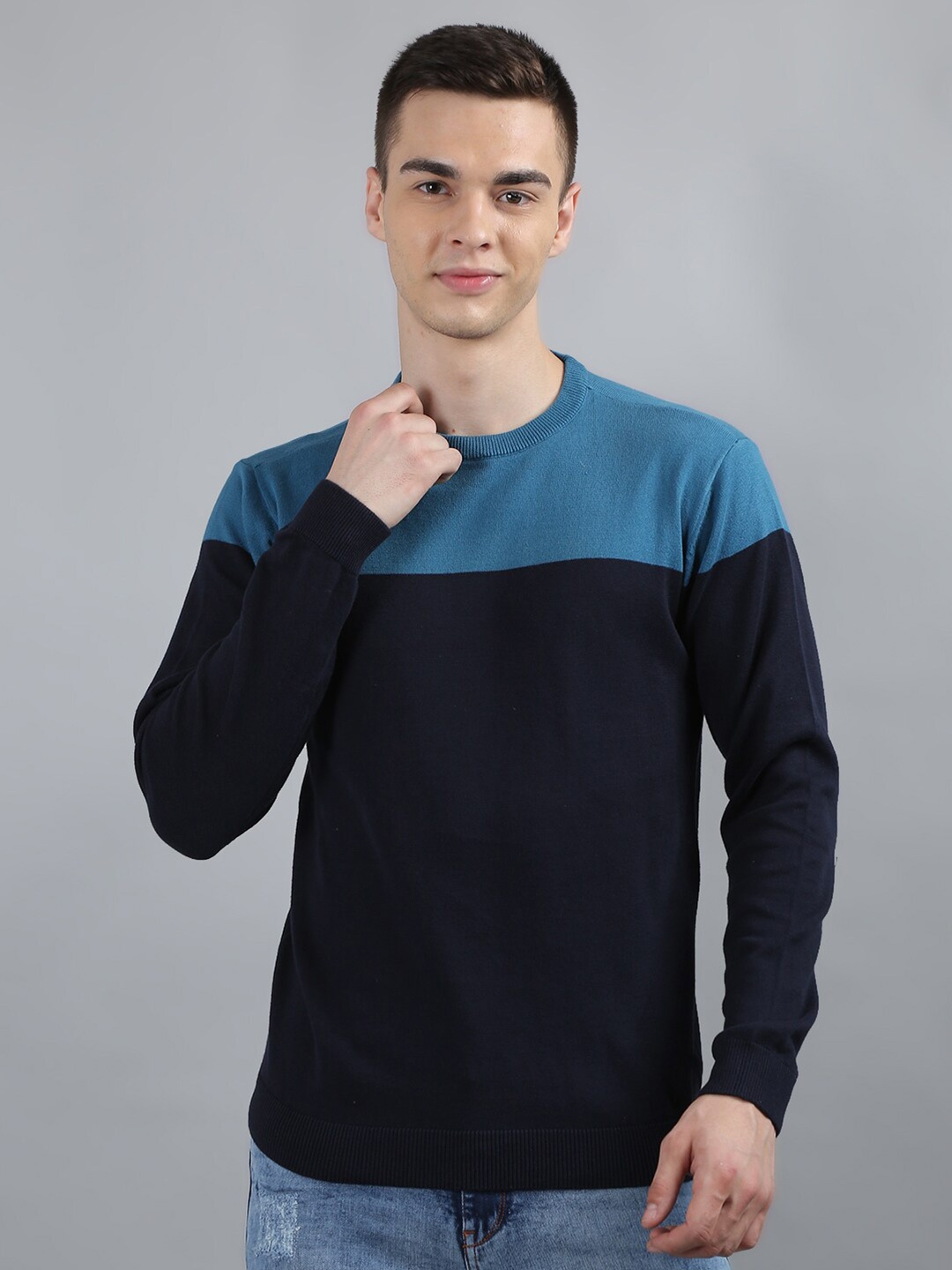 

TIM PARIS Colourblocked Cotton Pullover Sweater, Navy blue