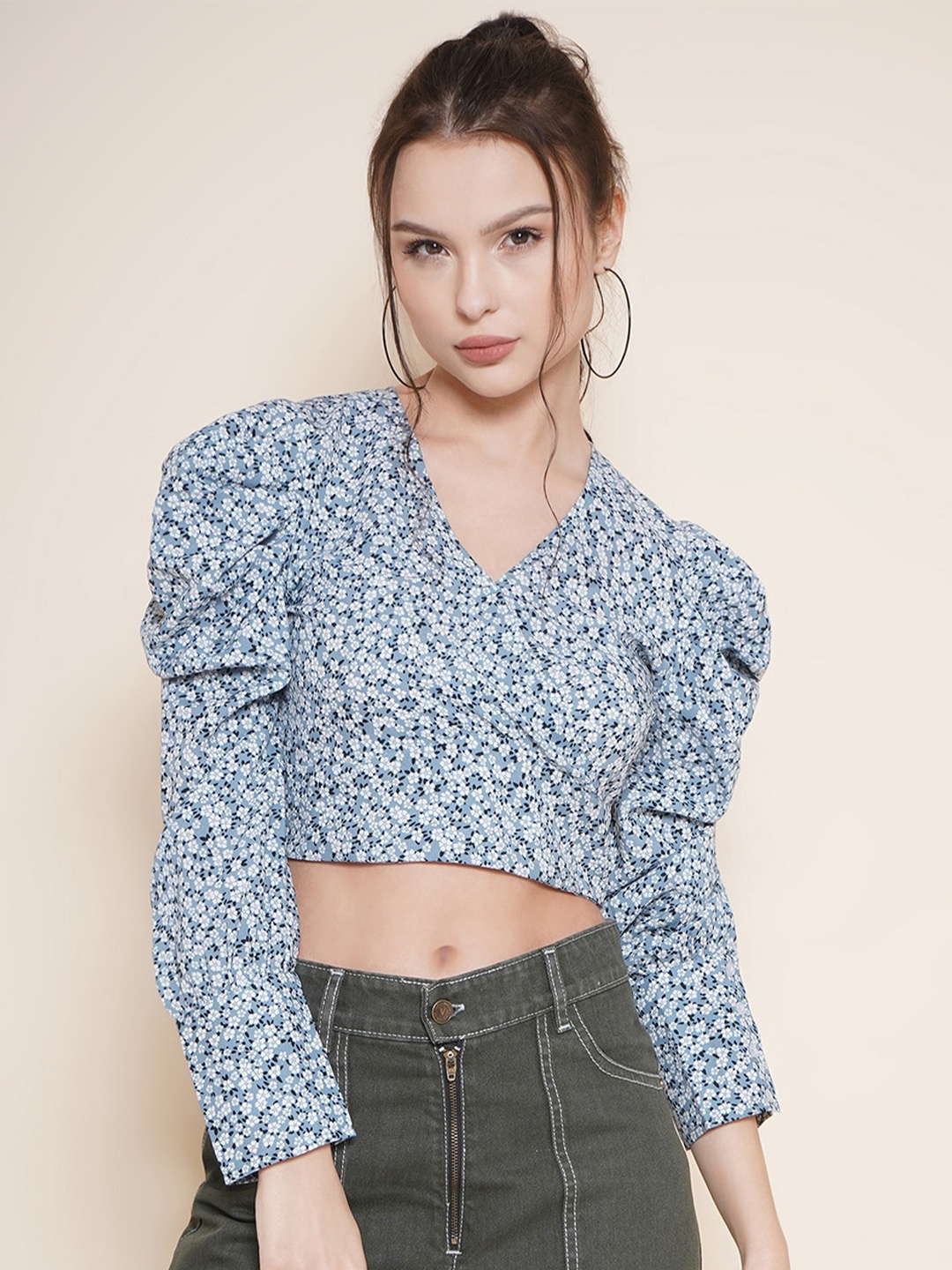 

VESTIDO MODAS Floral Printed Puffed Sleeves Fitted Crop Top, Blue
