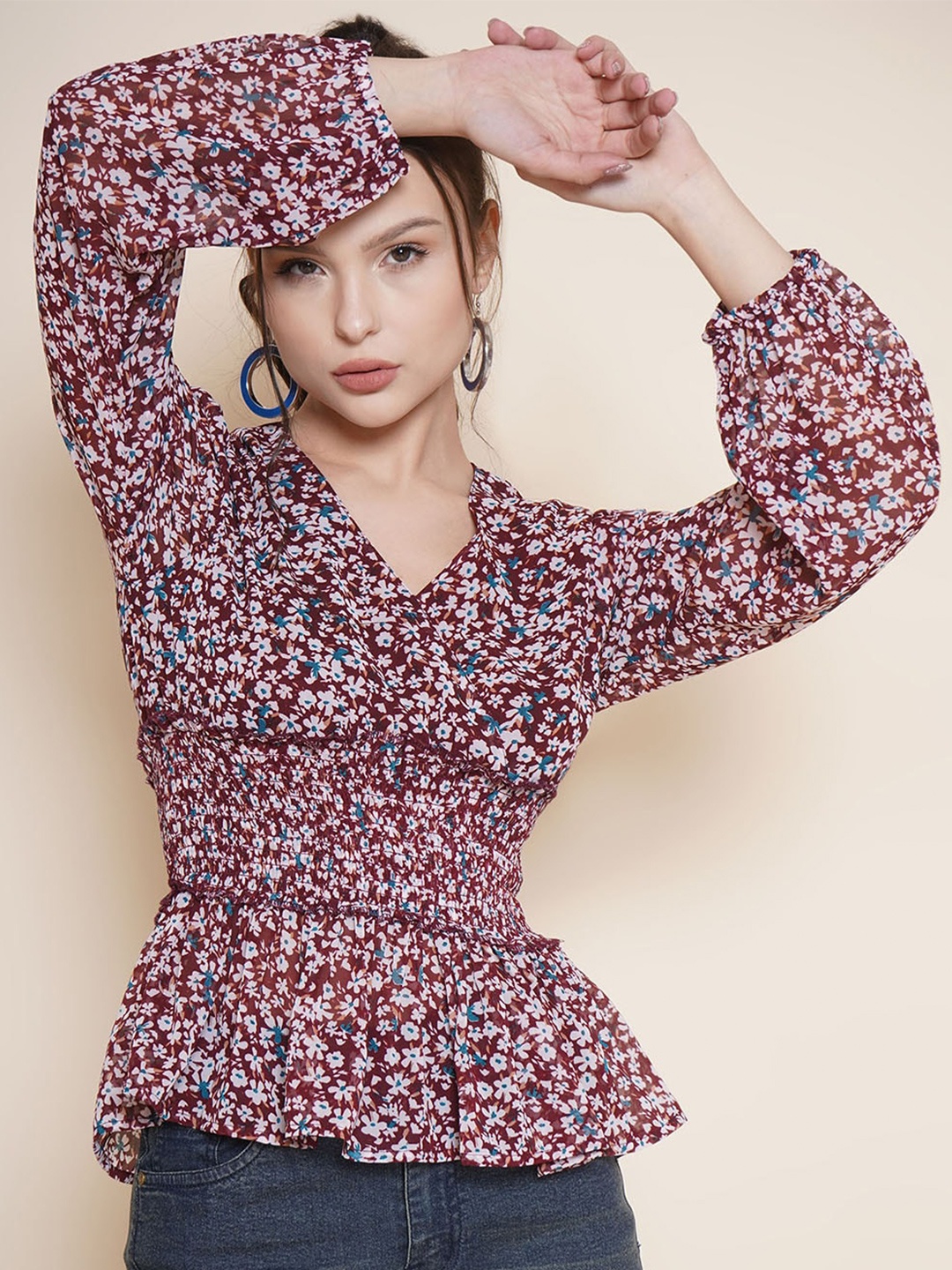 

VESTIDO MODAS Floral Printed Puffed Sleeves Smocking Georgette Peplum Top, Maroon