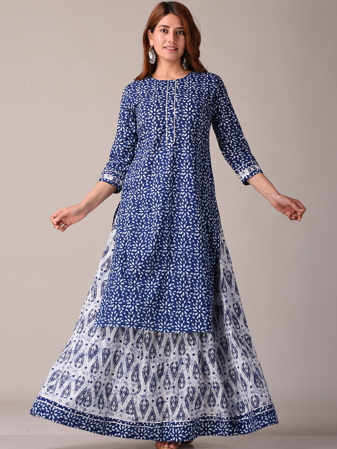 

KANNAHI Ethnic Motifs Printed Regular Gotta Patti Pure Cotton Kurta with Skirt, Navy blue