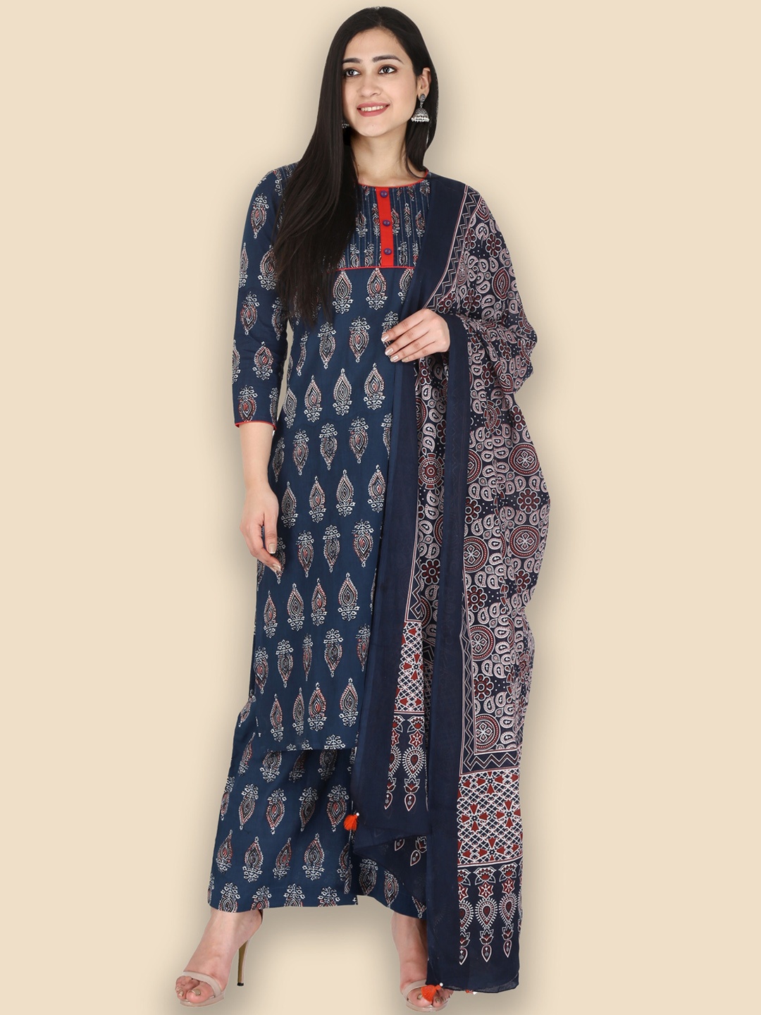 

KANNAHI Ethnic Motifs Printed Regular Pure Cotton Straight Kurta with Trousers & Dupatta, Navy blue