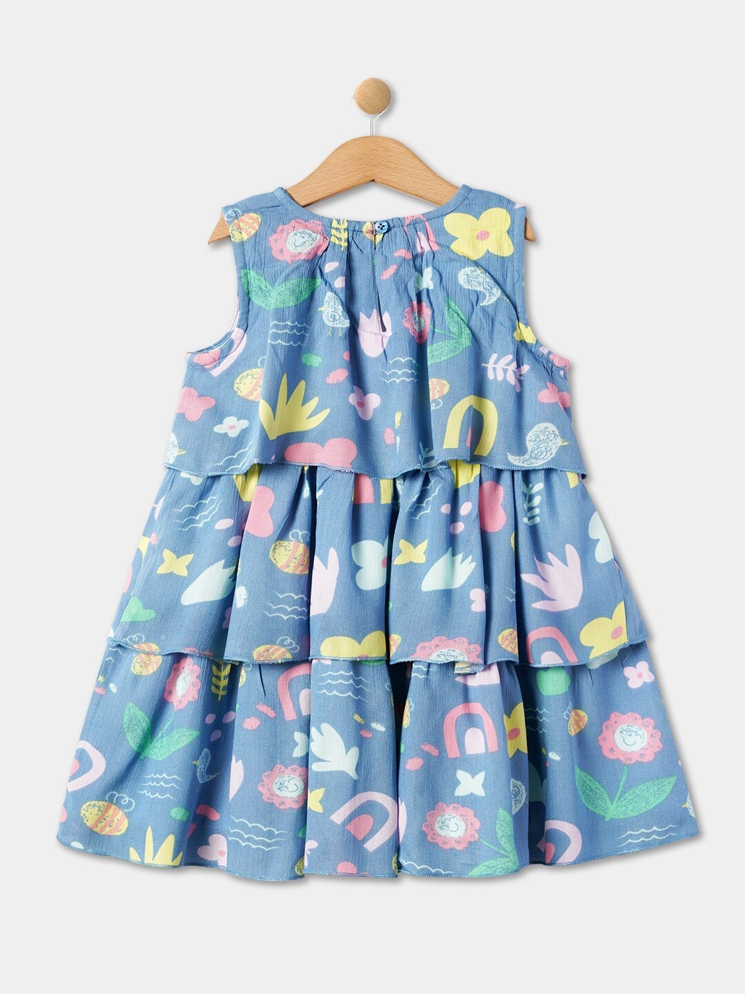 

R&B Girls Floral Printed Layered Cotton A-Line Dress, Blue