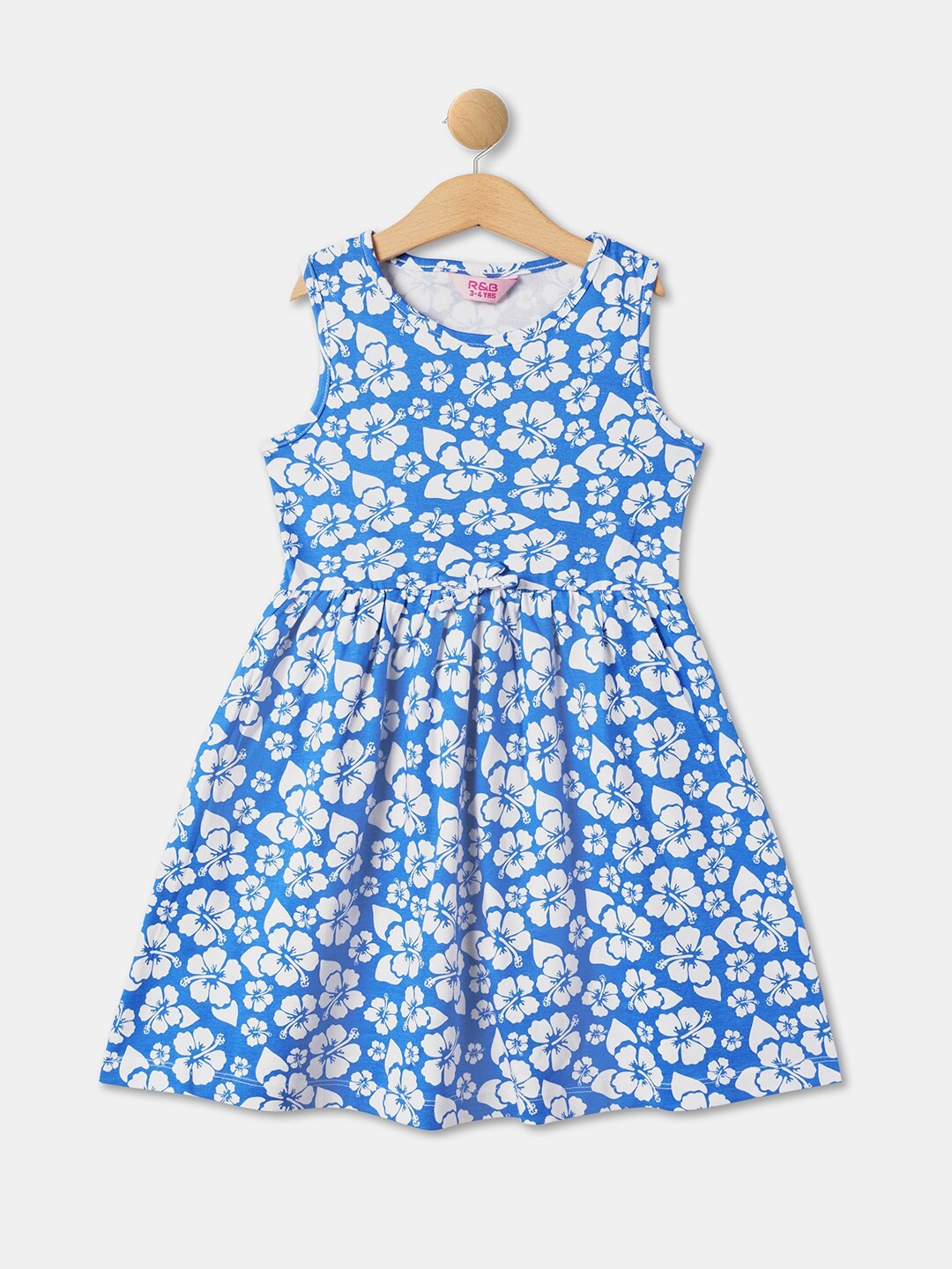 

R&B Girls Floral Printed Sleeveless Cotton A-Line Dress, Blue