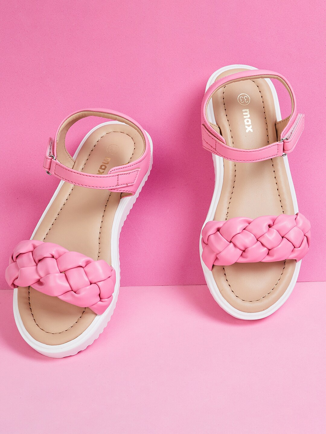 

max Girls Braided Strap Open Toe Flats, Pink
