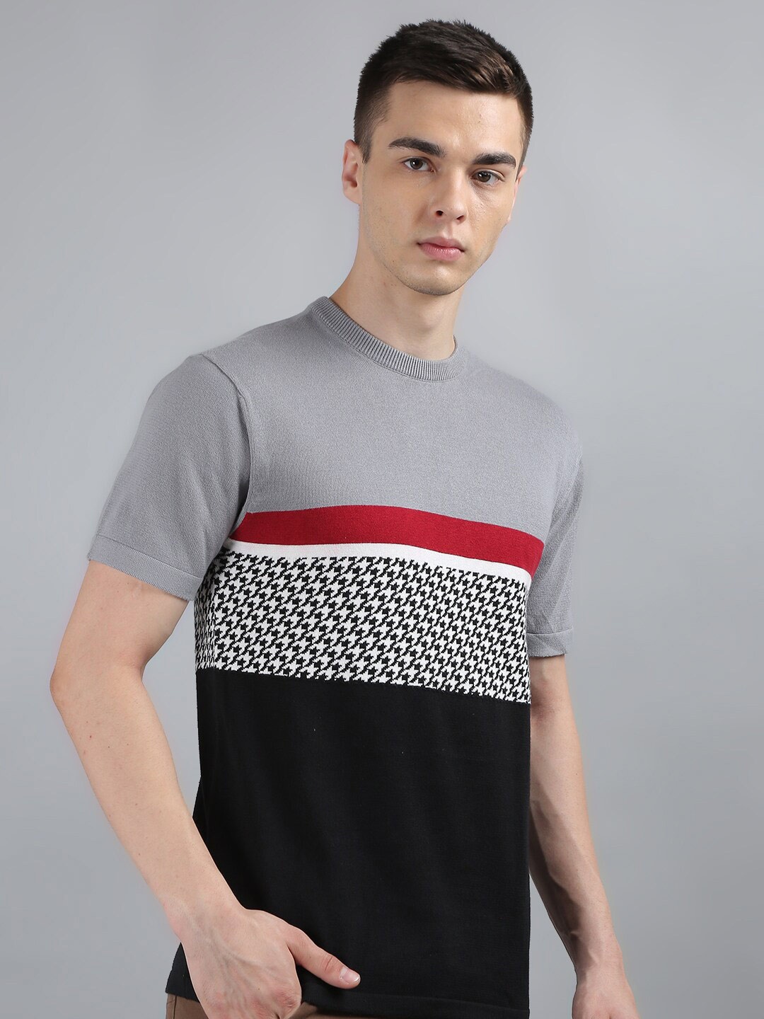 

TIM PARIS Colourblocked Cotton Casual T-shirt, Grey