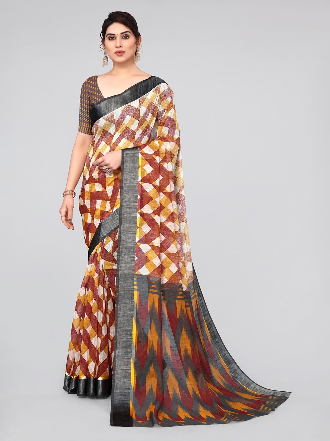 

KALINI Off White & Orange Checked Cotton Blend Saree