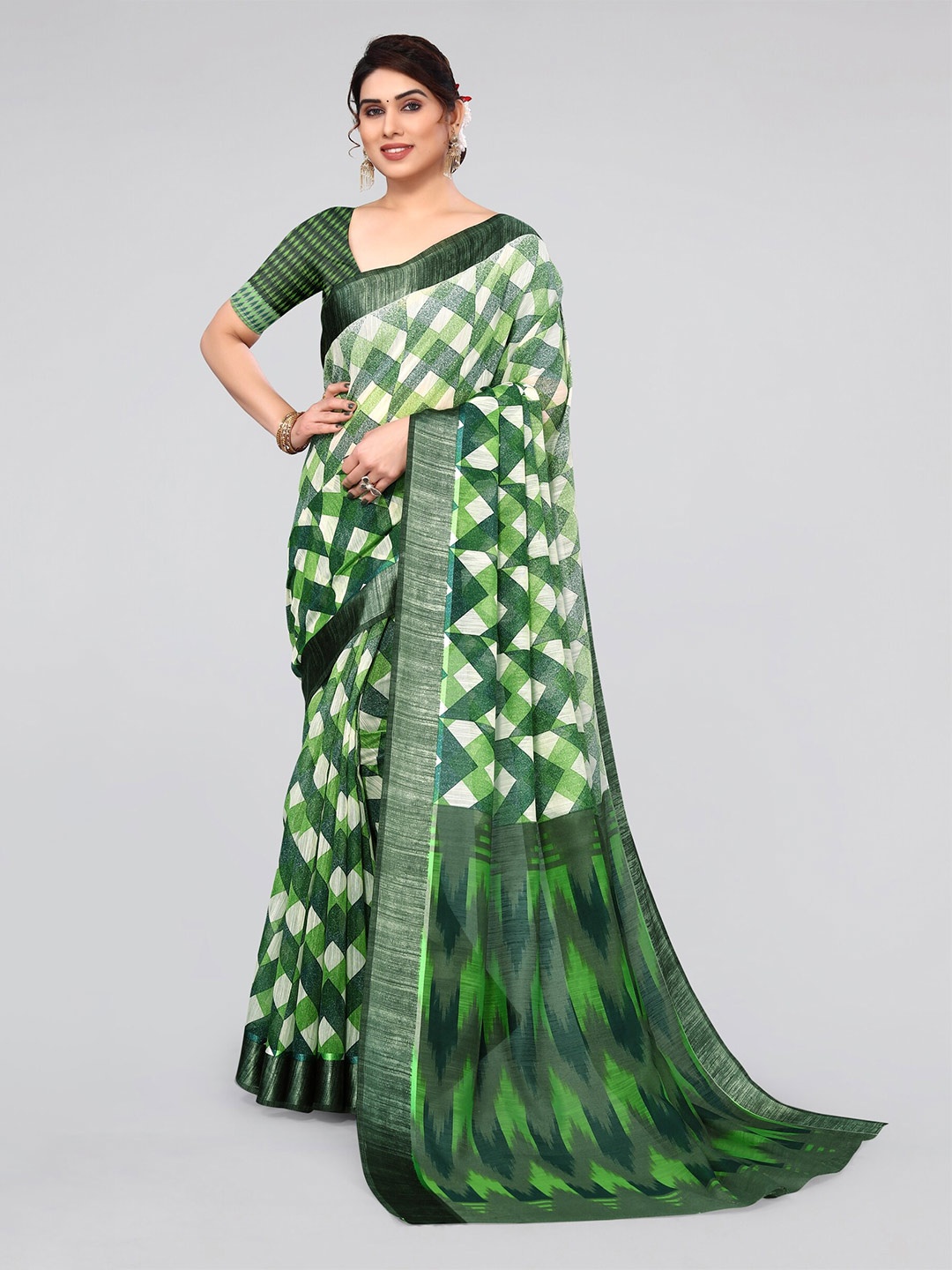 

KALINI Off White & White Checked Cotton Blend Saree