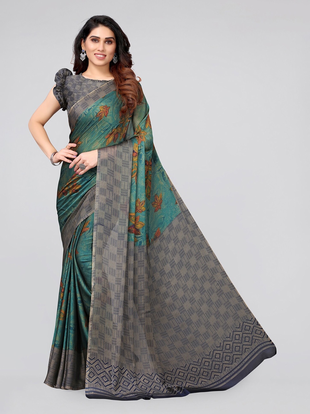 

MIRCHI FASHION Turquoise Blue & Navy Blue Floral Printed Saree