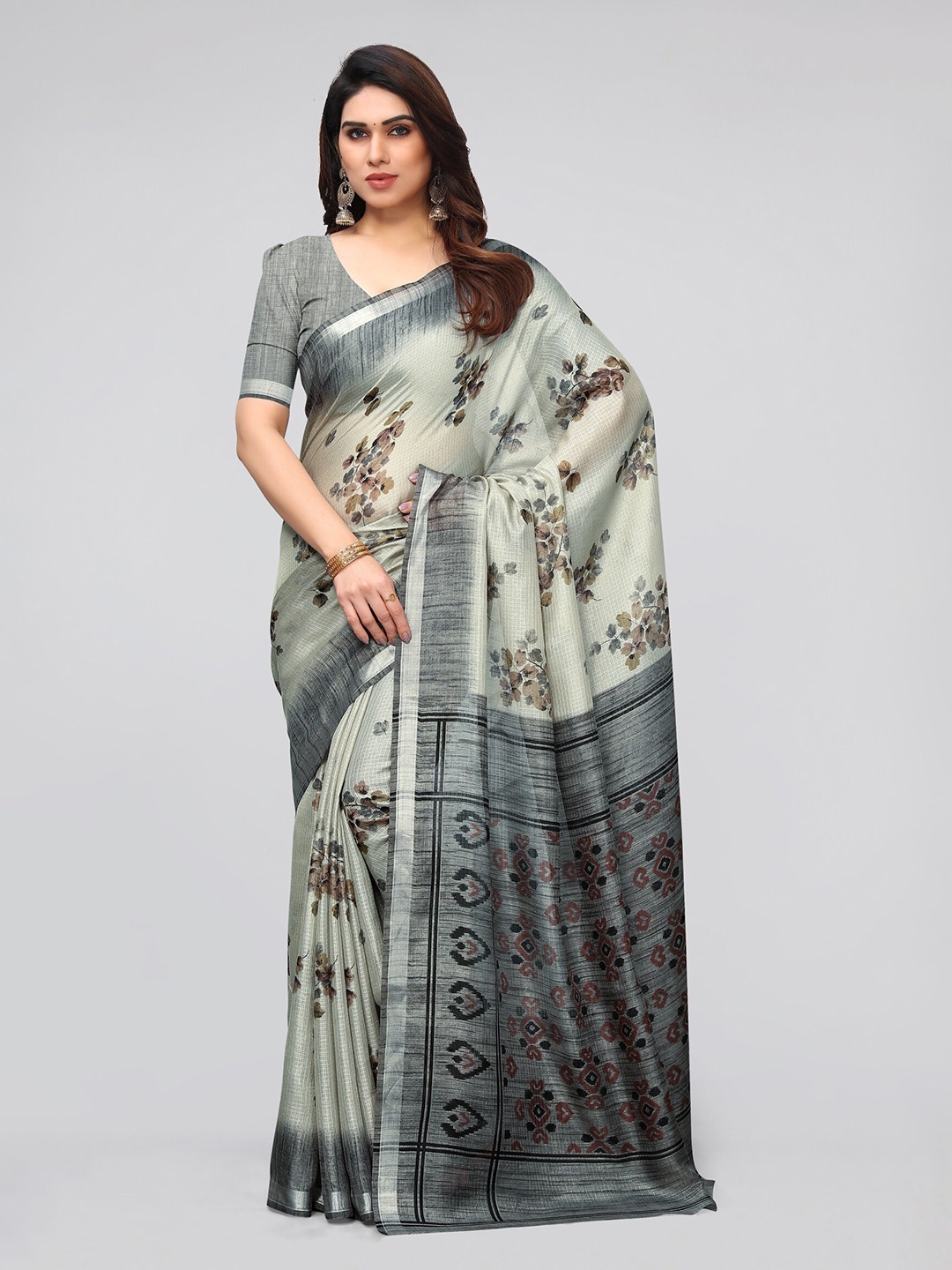 

MIRCHI FASHION Floral Printed Ikat Zari Saree, Olive