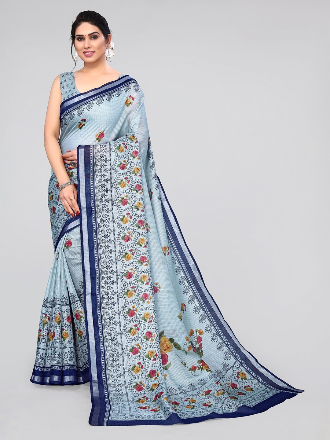 

MIRCHI FASHION Floral Printed Zari Saree, Blue